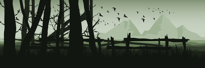mountain view in countryside with forest silhouette vector illustration good for wallpaper, banner, background, backdrop, web, adventure, tourism and template