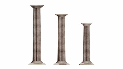 Three antique columns of different sizes. Isolated on white background. 3D rendering. Place for text. Copy space. Presentation of cosmetics, product. Background, advertising, wallpaper