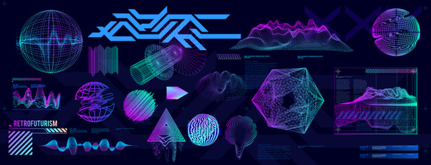 Holographic Retro futuristic 80s-90s
style. Cyberpunk concept. Shapes design elements, retro vibe,