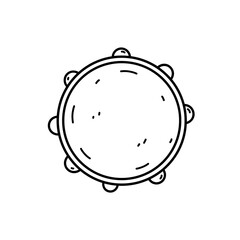 Tambourine isolated on white background. Musical instrument. Vector hand-drawn illustration in doodle style. Perfect for cards, decorations, logo.