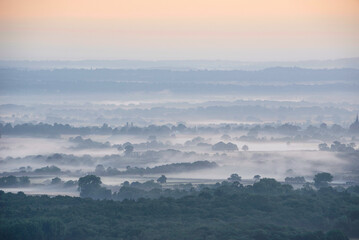 Glorious landscape image of layers of mist rolling over South Downs National Park English countryside during misty Summer sunrise