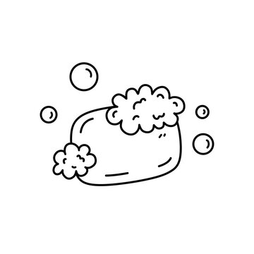recommend clip art: Soap with foam and bubbles isolated on white background. A body wash and personal hygiene product.  Vector hand-drawn illustration in doodle style. Perfect for cards, decorations, logo, various design
