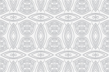 Embossed white background, ethnic cover design. Geometric abstract 3D pattern, arabesque, hand drawn style. Tribal topical ornaments of the East, Asia, India, Mexico, Aztecs, Peru.