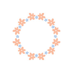 Floral wreath with cute pink and blue daisies isolated on white background. Round frame with flowers. Vector hand-drawn illustration. Perfect for cards, invitations, decorations, logo, various designs