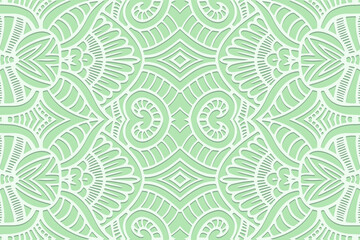 Embossed light lettuce background, ethnic cover design. Geometric lace 3D pattern, arabesque, handmade style. Tribal topical ornaments of the East, Asia, India, Mexico, Aztecs, Peru.