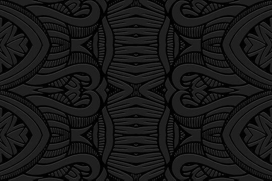 Embossed black background, ethnic cover design. Geometric decorative 3D pattern, arabesque, hand drawn style. Tribal topical ornaments of the East, Asia, India, Mexico, Aztecs, Peru.