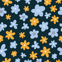 Fototapeta na wymiar Cute seamless pattern with yellow and blue flowers on dark background. Vector illustration in hand-drawn flat style. Perfect for print, decorations, wallpaper, wrapping paper, cards.
