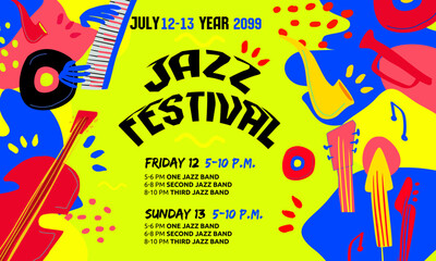 Jazz festival drawn flat vector web banner template. .Creative modern horisontal poster, banner,flyer with classic music instruments and text. Vector illustration for music events