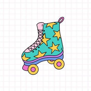recommend clip art: Bright quad roller skate with stars. Vector hand-drawn doodle illustration isolated on checkered background. Perfect for cards, decorations, logo, various designs. 90s retro style