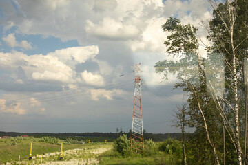 Fototapeta na wymiar Communication tower in field. Details of radio infrastructure.