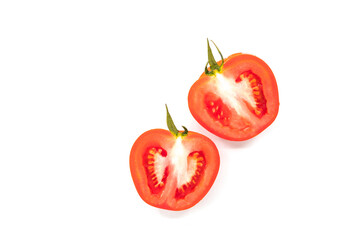 Isolated cut-half of red tomato on white background, fresh two half-cut tomatoes.
