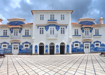 Aveiro railway station with blue tiles or Azulejos in north Portugal