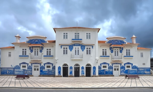 Aveiro railway station with blue tiles or Azulejos in north Portugal