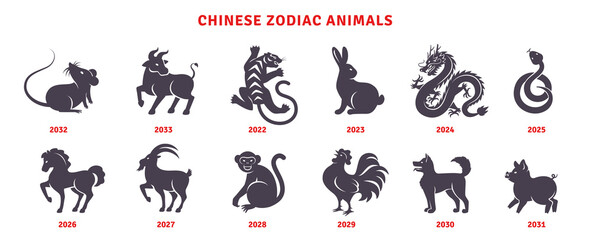 Chinese New Year horoscope animals, 2023 black silhouette rabbit, dragon, snake horse icons set isolated on white. Vector illustration. China zodiac calendar logo, asian lunar astrology signs - obrazy, fototapety, plakaty