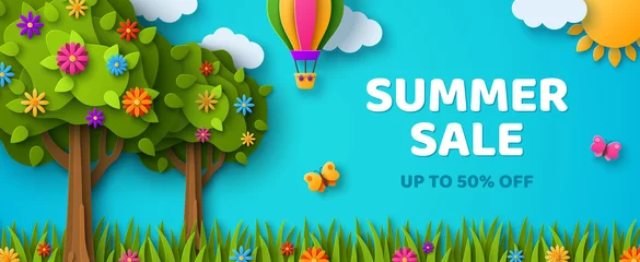 Foto op Plexiglas Blooming summer trees paper cut poster. Vector illustration. Horizontal banner header with blue sky, sun, flowers, butterfly, hot air balloon. Place for text. Spring border frame, sale promo card. © kotoffei