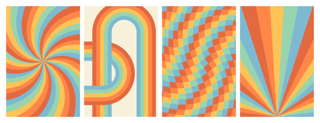 Groovy rainbow backgrounds. Checkerboard, chessboard, mesh, waves, swirl, twirl pattern. Twisted and distorted vector texture in trendy retro psychedelic style. Hippie 70s aesthetic.