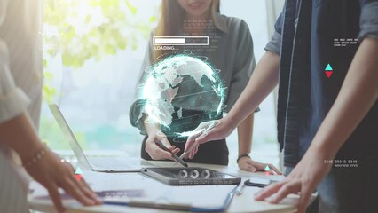 Business start up team work researching artificial intelligence AI metaverse technology presentation, business finance data investment concept