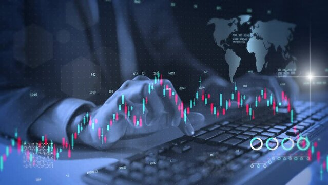 Global economic crisis GDP financial recession crypto currency stock markets downtrend graph chart price crash down business economic, businessman typing on keyboard modern dark theme