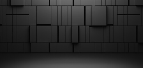 Dark black empty architecture interior space room studio background backdrop wall display products minimalistic. 3d rendering.