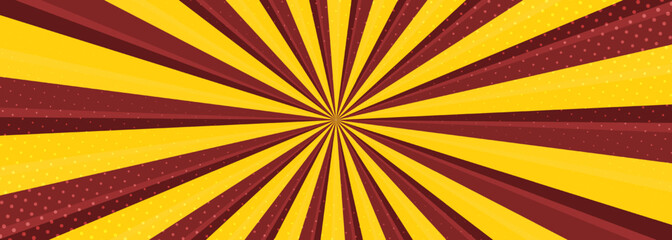 Red and yellow comic banner with halftone. Pop art style effect, cartoon comic wide background with lightning blast halftone dots. Red and yellow vector illustration.