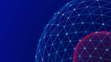 A 3-D sphere with blue lines, dots and a central core. The futuristic sphere of frame technologies. Network connection. The concept of science and technology. 3d rendering