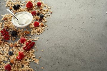 Yogurt on table with oat and berries
