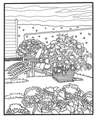 Obraz premium Coloring book. Illustration for coloring with garden flowers. Art line. Art therapy. Black and white vector background.