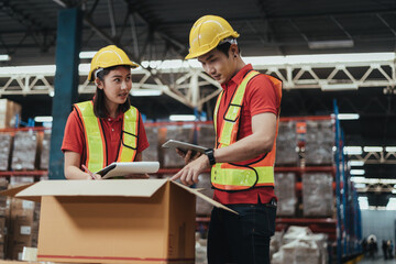 Warehouse Workers Checking Stock with digital Tablet in Logistic center. Asian workers wearing hard hat and safety vests to talking about shipment in storehouse, Working in Distribution Center.
