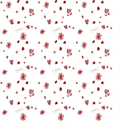 Vector seamless romantic texture of flowers and hearts on a white  background