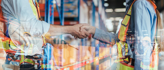 Obraz na płótnie Canvas Warehouse Worker Handshake for partnership in logistic center, Industrial worker talking and deal for business in storehouse. Working in Distribution Center. Banner and Double Exposure Background.