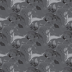 Seamless pattern with a whale. Mystical whale. Pattern with moon, stars, constellation.