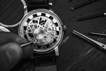 Watchmaker repair mechanical watches. Gears repair. Watch repair process