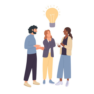 Woman and man are looking for a new idea. Brainstorm concept. Teamwork with lamp as a symbol of a good idea. Flat vector illustration on white background. Creative for business
