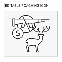  Hunting line icon. Illegal hunting of rare deer in tundra diversity. Bloody trophy. Poaching concept. Isolated vector illustration. Editable stroke