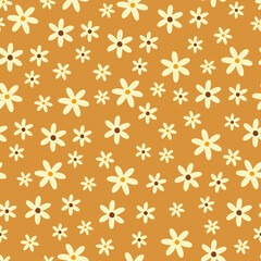 Fototapeta na wymiar Yellow cute floral seamless pattern. Botanical vector print with daisies. Textile background with flowers.