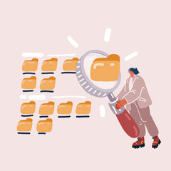 Vector illuatration of Woman holding big magnifying glass or loupe and looking for information in the database. Research concept. Optimization of finding files.