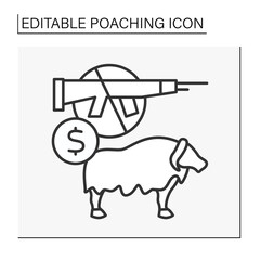  Hunting line icon. Illegal activity. Hunting buffalo for selling. Hunter kills animals. Poaching concept. Isolated vector illustration. Editable stroke