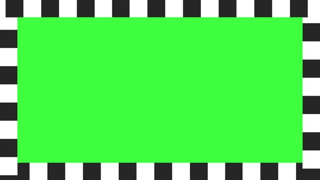 Black and White Green Screen Animated Border, Checkers Moving Clockwise. Black and White Checkerboard Frame Animation with Chroma Key. Motion Graphics Asset for Design, Video Streaming and Channels.