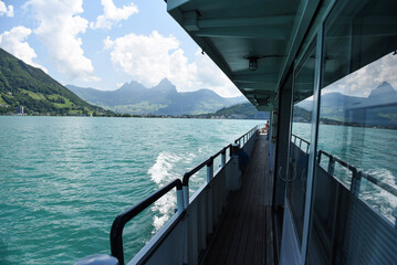 view from the ferry to the alps