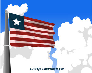 Liberia happy independence day greeting card, banner vector illustration. Liberian national holiday 26th of July design element with waving flag on flagpole