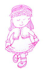 A cute girl with a flower wreath on her head, standing in a respectful curtsy. Cartoon isolated children's character on a white background. Drawing by hand with a felt-tip pen