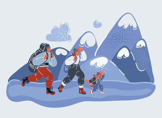Vector illuatration of Happy family and hiking. Father, mother and children are traveling through the mountains. Trekking to nature.
