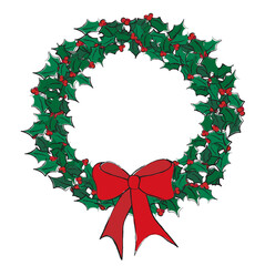 A vector illustration of a holly wreath on white. Sketch style with space for text. EPS10 vector format