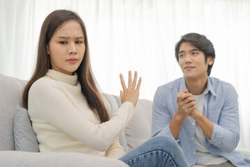 Breakup and depressed, quarrel asian young couple love fight relationship in trouble, wife face...