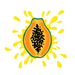 Tropical yellow papaya and juice splash. Hand drawn half papayas isolated on white background. for fabric, drawing labels, print, wallpaper of children's room, fruit background