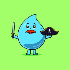 Cute cartoon mascot character water drop pirate with hat and holding sword in modern design