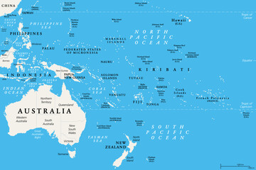 Oceania, political map. Australia and the Pacific, including New Zealand. Geographic region, southeast of the Asia-Pacific region, including Australasia, Melanesia, Micronesia and Polynesia. Vector. - obrazy, fototapety, plakaty
