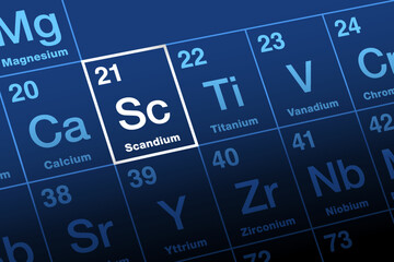 Scandium on periodic table. Soft metal and rare earth element, with symbol Sc from the Latin Scandia, meaning Scandinavia, and with atomic number 21. Used in aluminium alloys for military aircrafts.