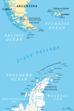 Drake Passage, political map. Mar de Hoces, Hoces Sea, body of water between Cape Horn and Antarctica Peninsula. Connect South Atlantic Ocean with South Pacific Ocean, extends into Southern Ocean.
