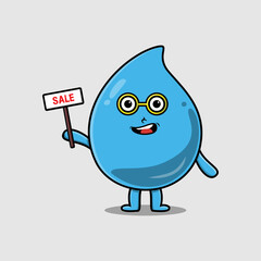 Cute cartoon water drop character holding sale sign designs in concept flat cartoon style